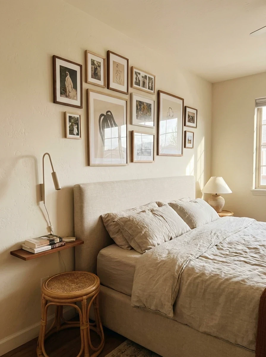 Décoration de chambre : mur de cadres asymétrique et tons neutres