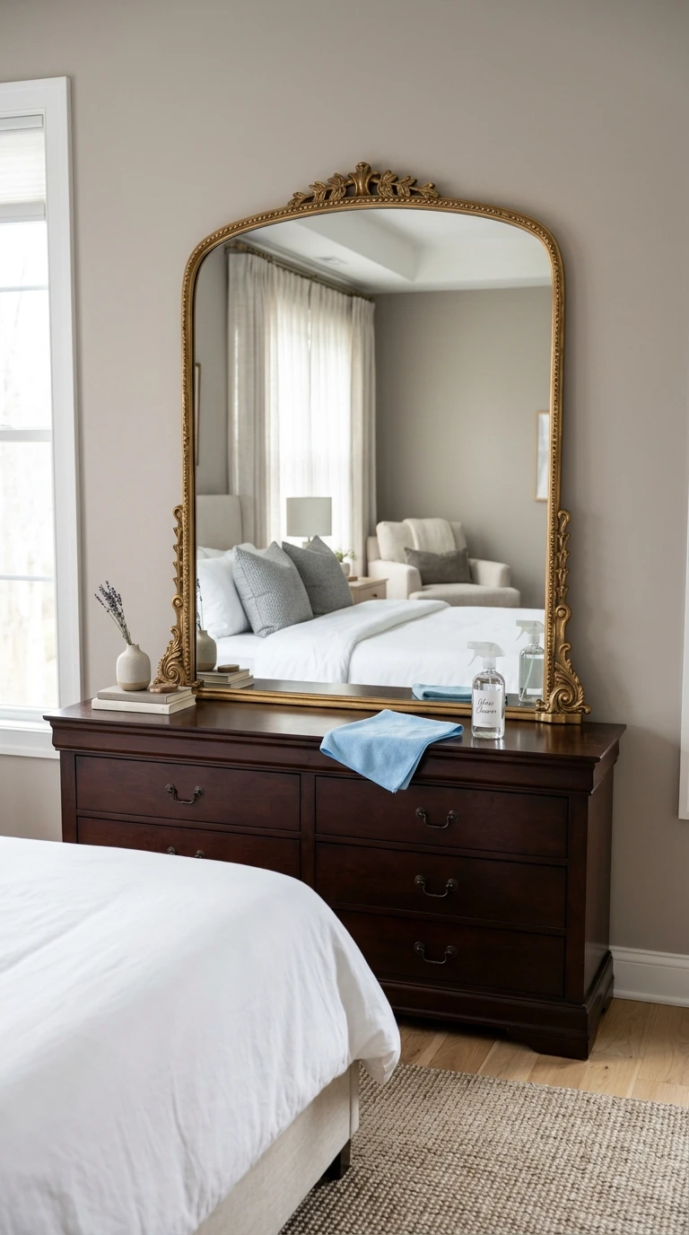 Nettoyage d'un grand miroir doré sur une commode de chambre