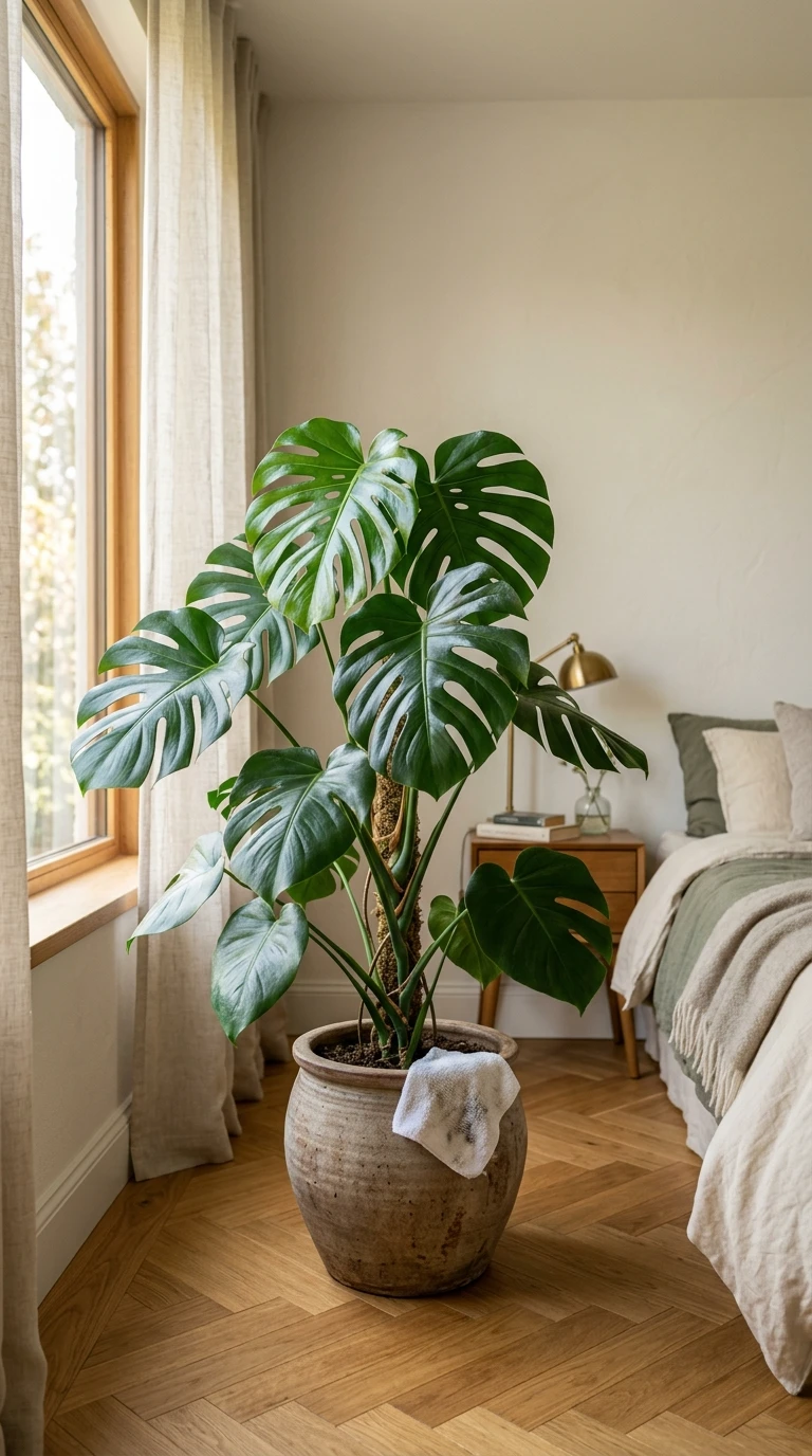 Nettoyage d'une plante Monstera dans une chambre lumineuse