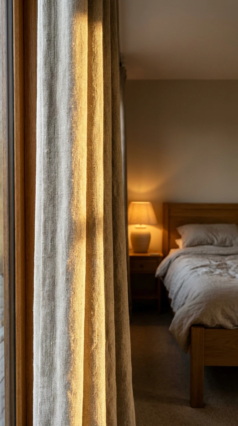 Rideaux en lin naturel pour une chambre parentale chaleureuse
