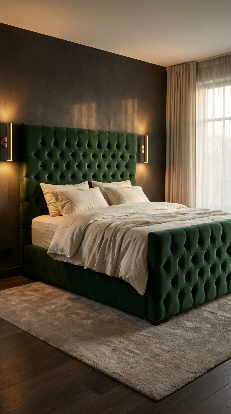 Lit capitonné en velours vert élégant