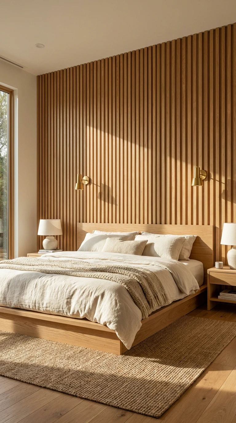 Aménagement d'une chambre avec mur en tasseaux de bois