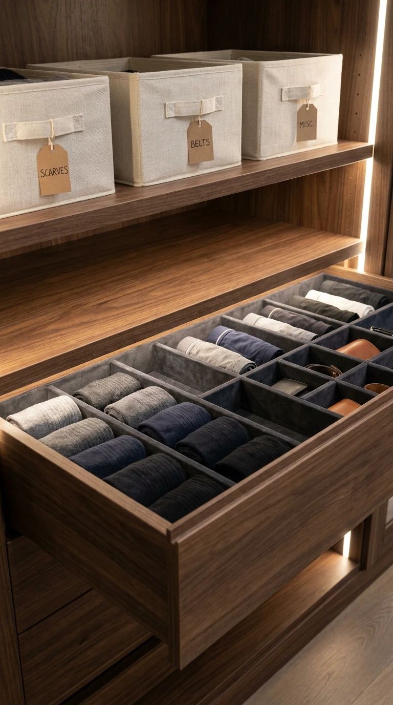 Organiser l'intérieur du dressing avec des séparateurs et boîtes