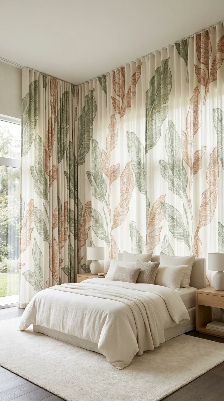 Rideaux à motifs feuillage pour une chambre parentale élégante