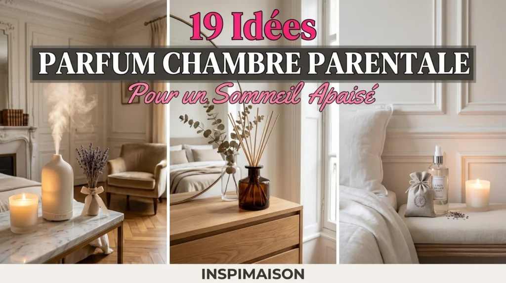 Collage d'idées parfum pour chambre : diffuseur, bougie parfumée, bâtonnets de senteur et brume de lit.