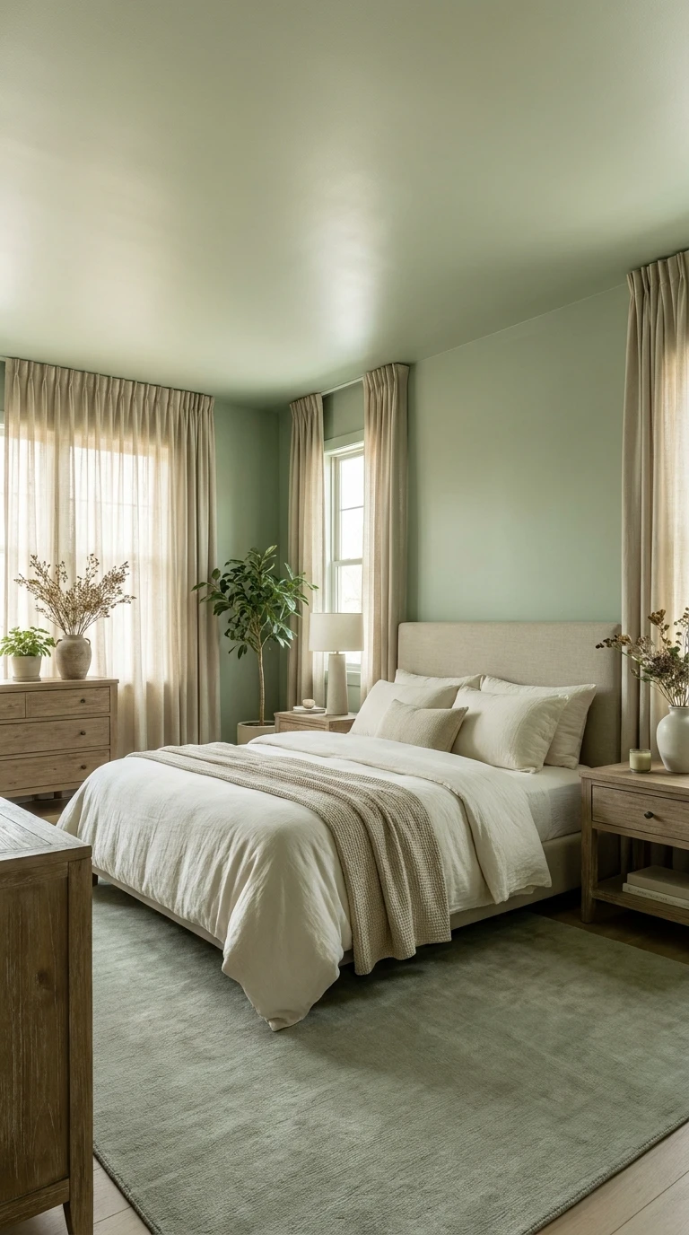 Peindre le plafond et les murs en vert sauge pour une chambre douce