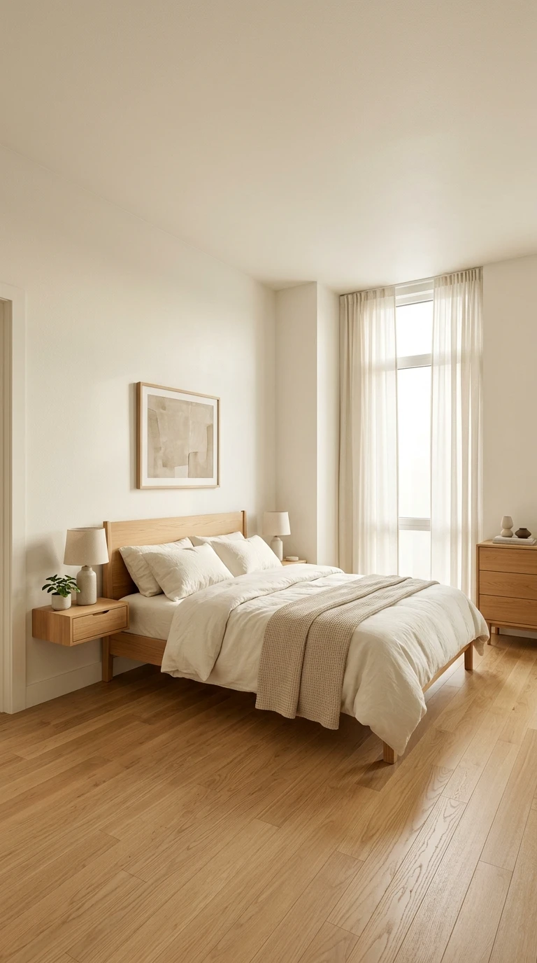Chambre aux murs clairs et teintes enveloppantes