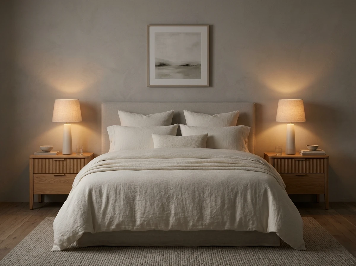 Chambre minimaliste avec lampes de chevet symétriques