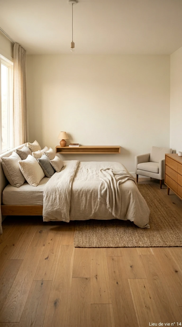 Aménagement de chambre : lit contre le mur pour optimiser l'espace
