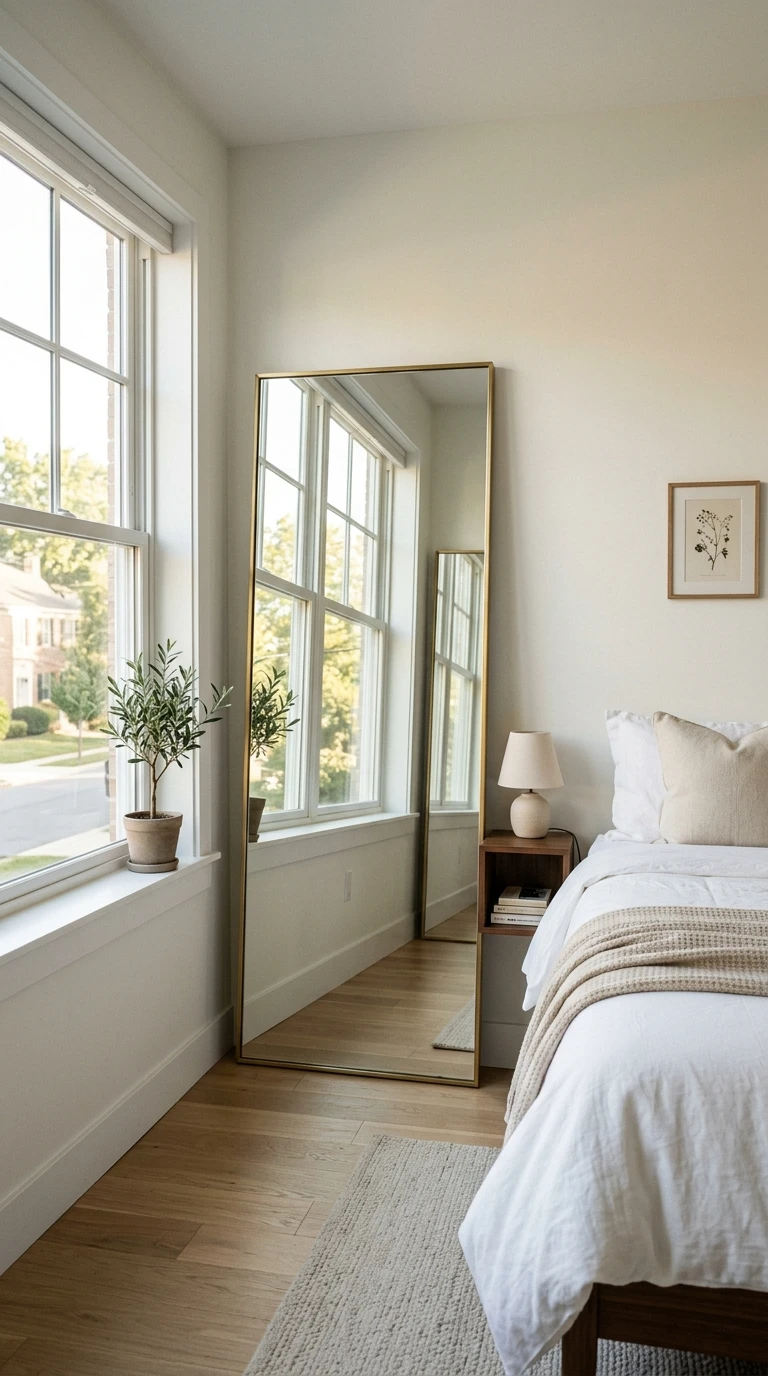 Aménagement d'un grand miroir dans une chambre lumineuse