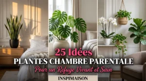 Collage de chambres élégantes avec des plantes d'intérieur comme le Monstera, l'orchidée et la Sansevieria.