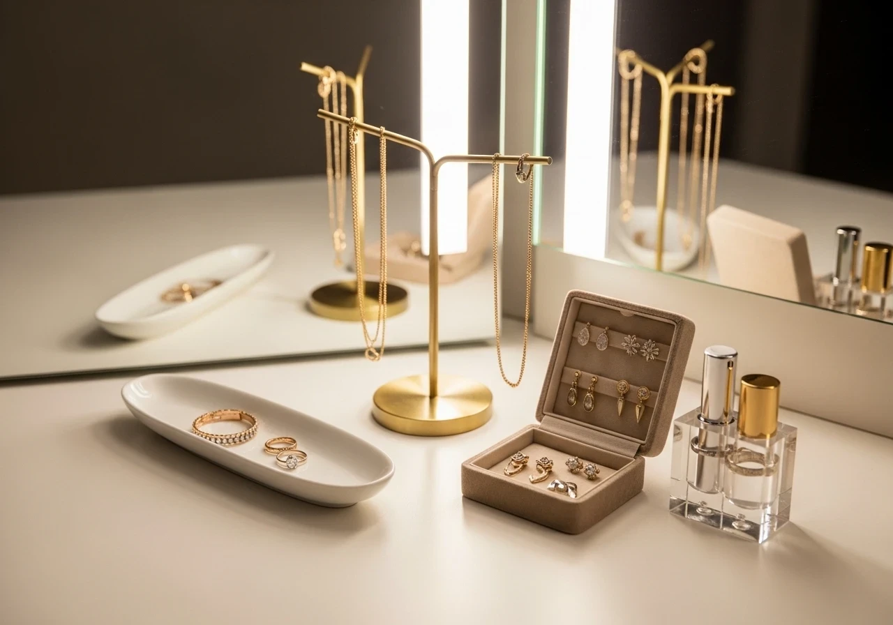 Rangement de bijoux élégant sur une coiffeuse