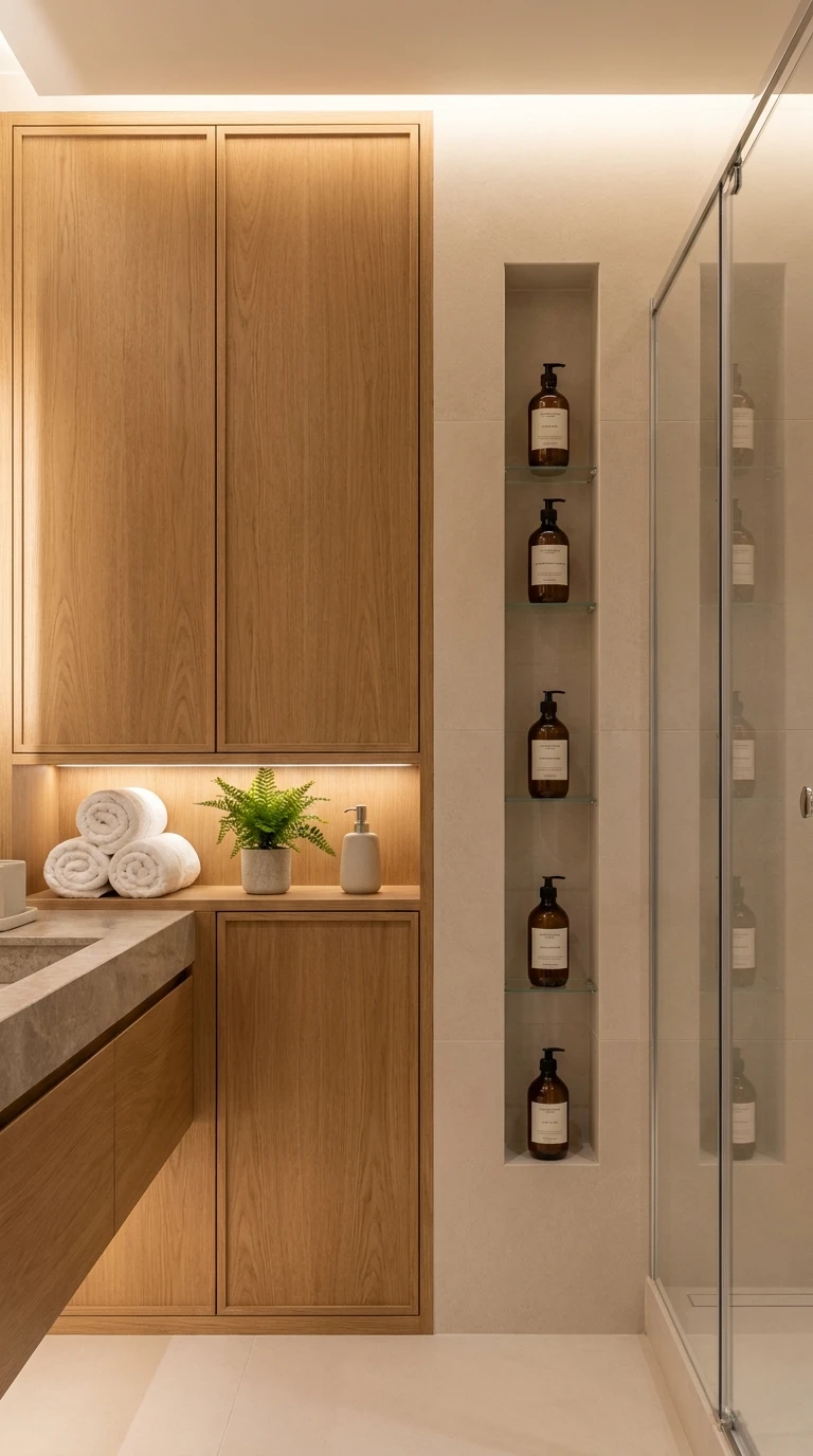 Optimiser les rangements d'une salle de bain moderne en bois