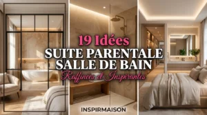 Collage d'idées de suites parentales modernes avec salle de bain intégrée, baignoire îlot et douche design.