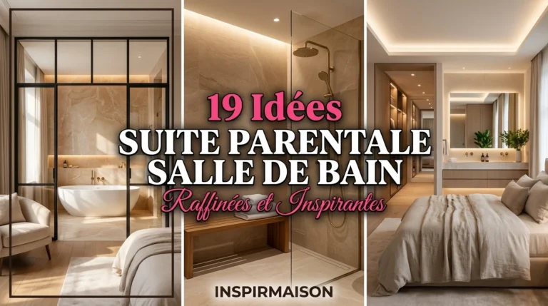 Collage d'idées de suites parentales modernes avec salle de bain intégrée, baignoire îlot et douche design.