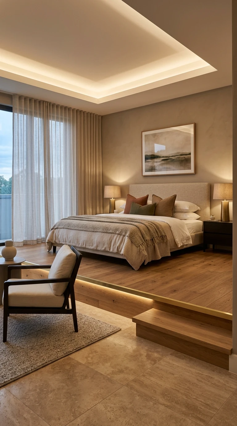 Aménagement d'une chambre avec lit surélevé sur estrade
