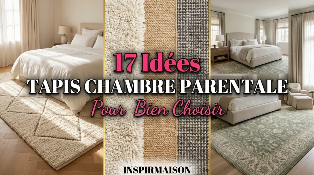 Collage d'idées de tapis pour chambre parentale avec différentes textures et motifs.