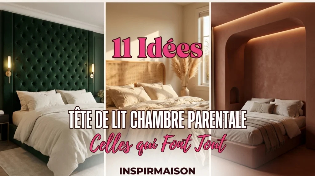 Trois styles de têtes de lit : velours vert capitonné, cannage en rotin et niche moderne avec éclairage LED.