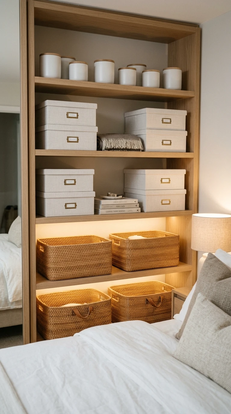 Organisation de chambre avec paniers et boîtes de rangement