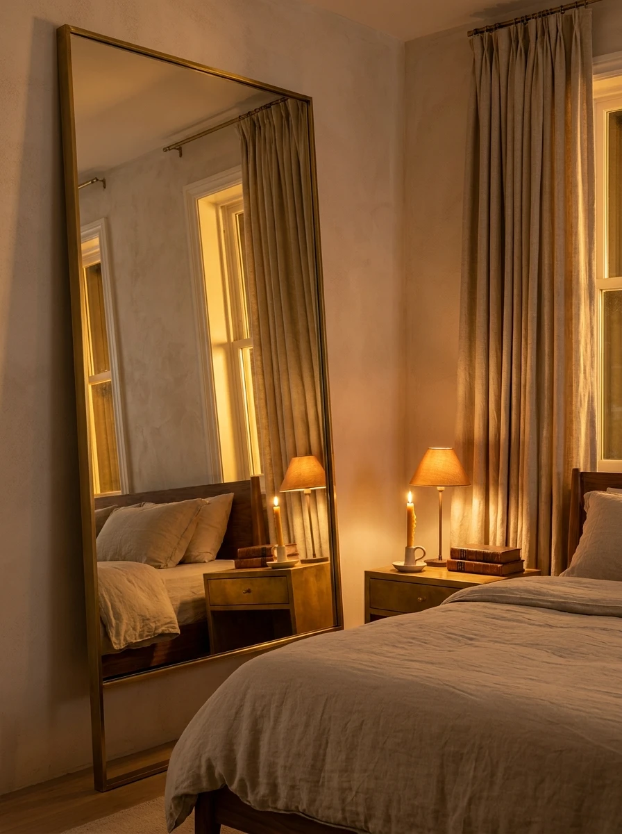 Ambiance de chambre apaisante avec grand miroir doré