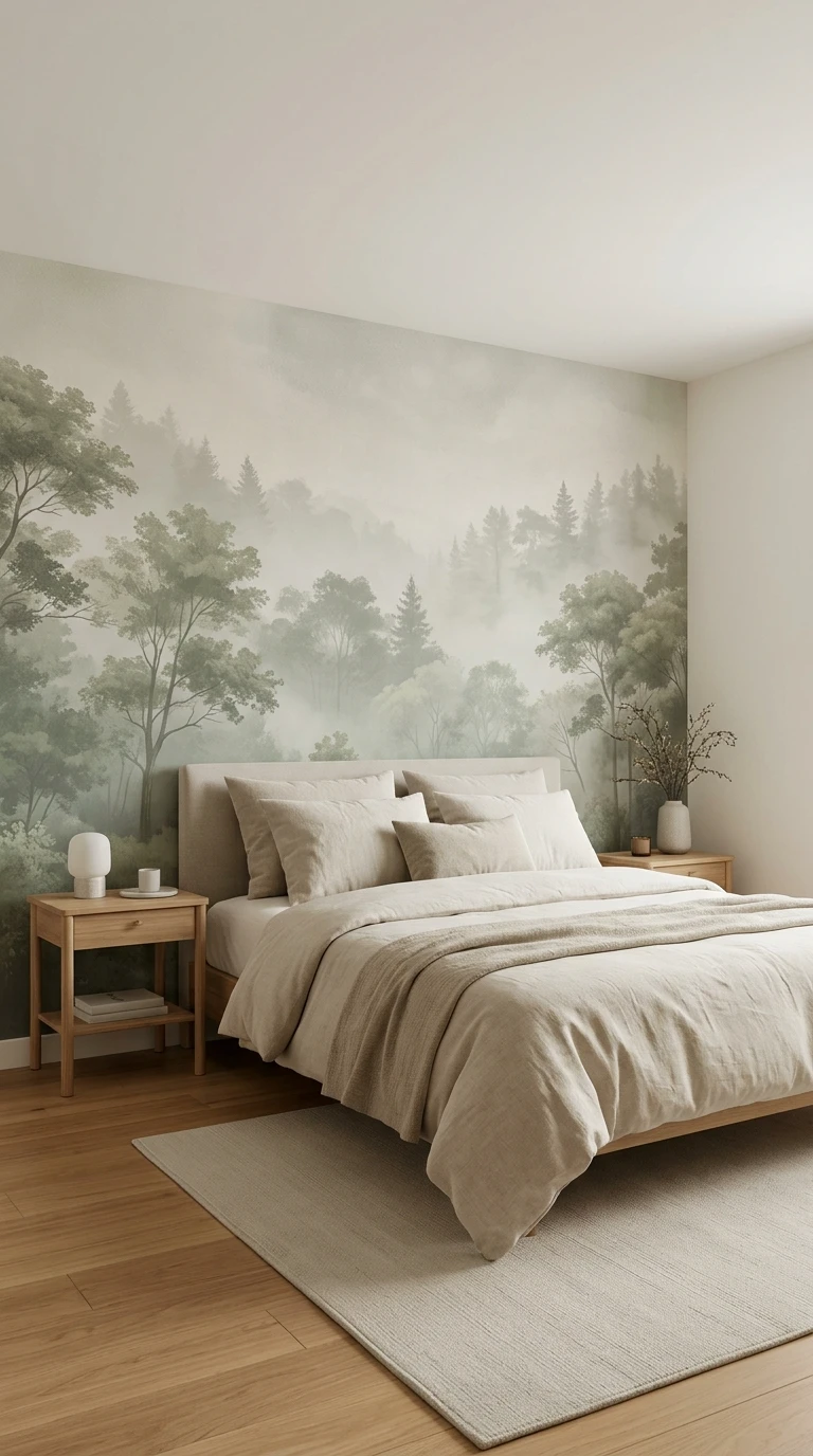 Papier peint panoramique forêt brumeuse pour une chambre zen