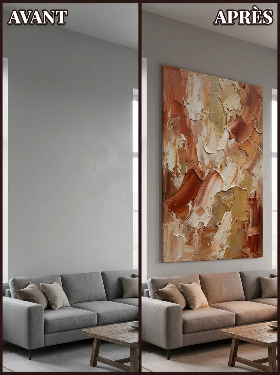 Accrocher un Grand Tableau Abstrait aux Couleurs Chaudes