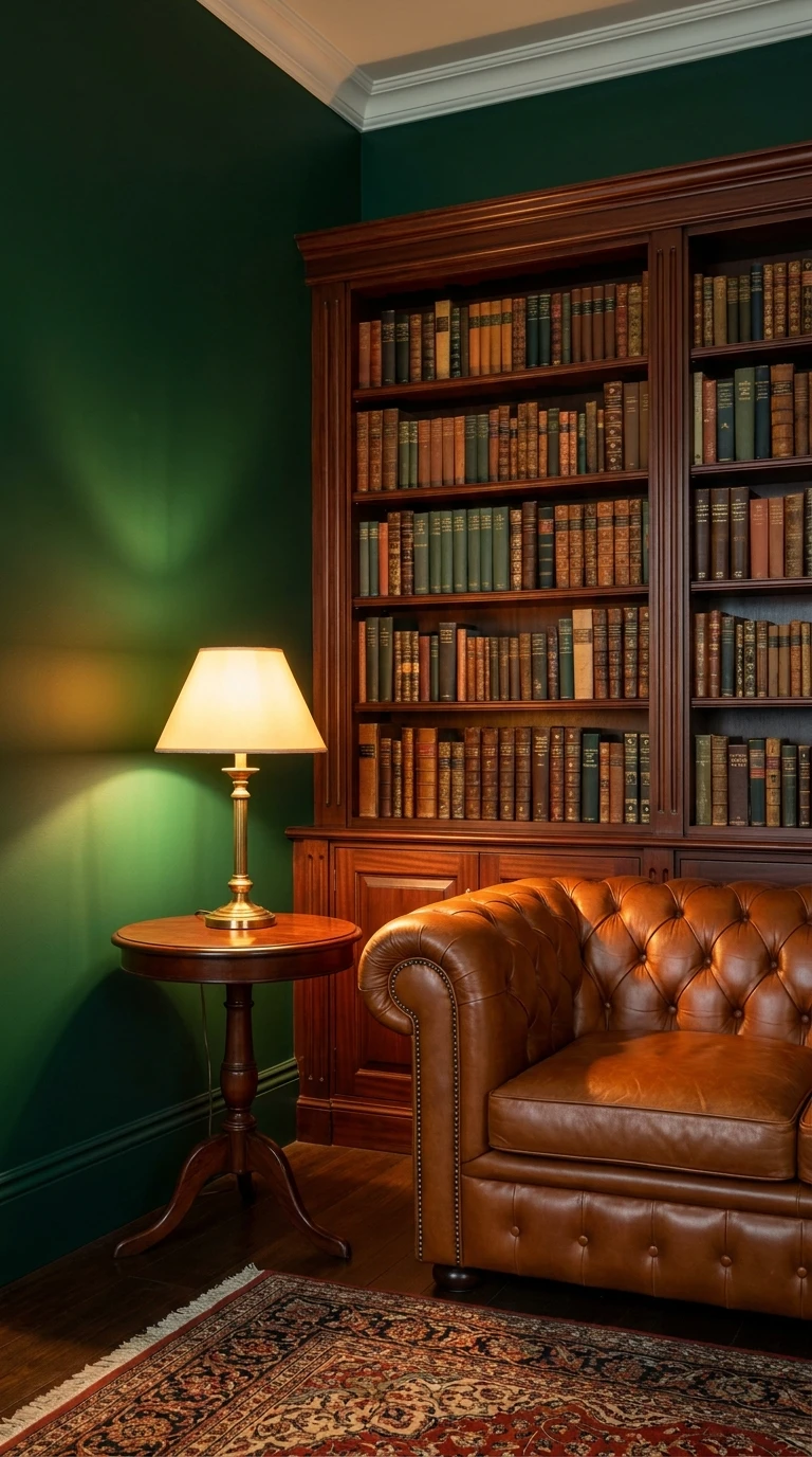 Associer le Vert Bouteille et le Cuir pour la Bibliothèque Anglaise