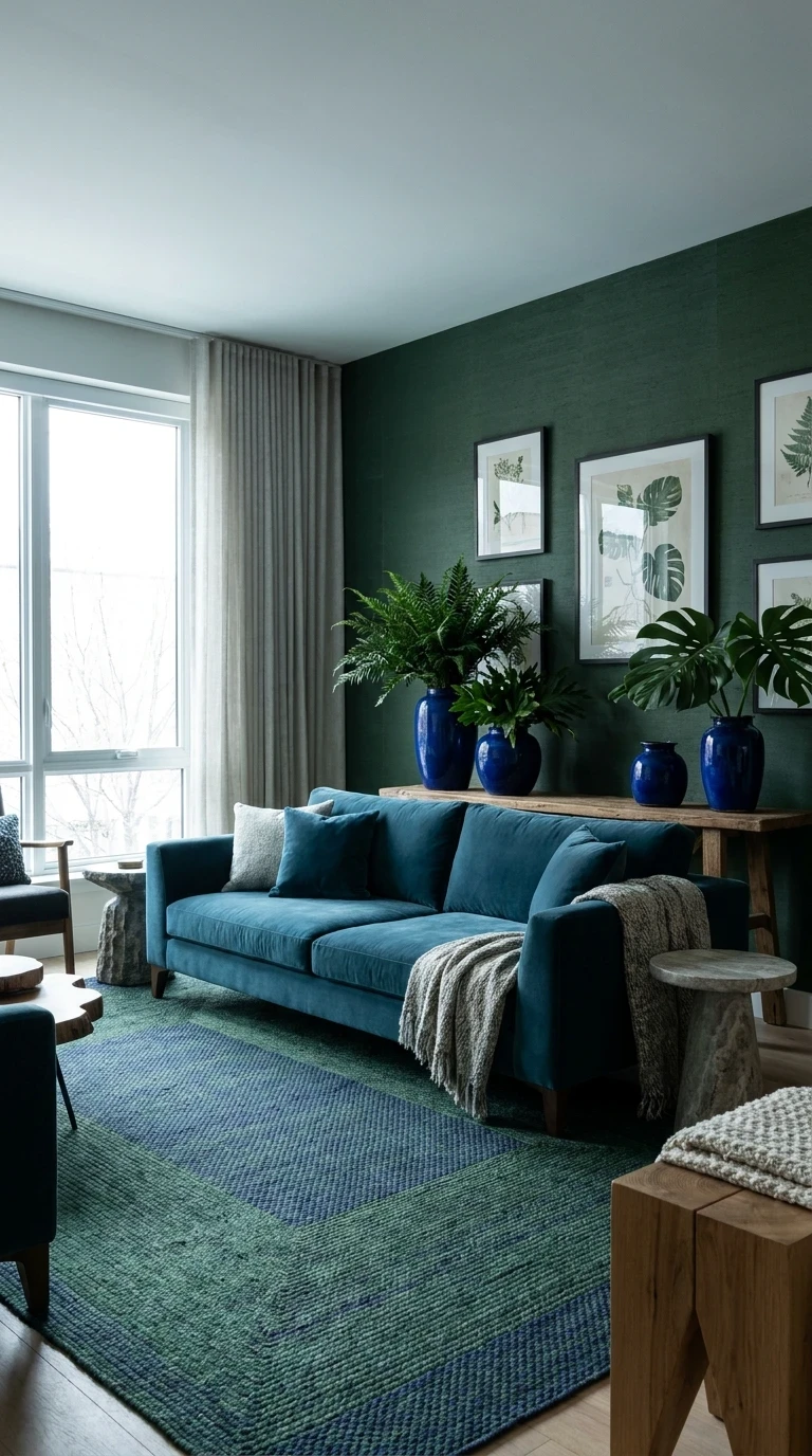 Associer le Vert et le Bleu pour un Salon Naturel et Profond