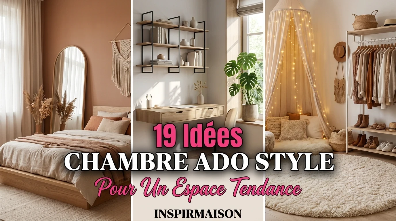 Chambre ado style bohème moderne, lit, bureau, coin lecture, dressing ouvert.