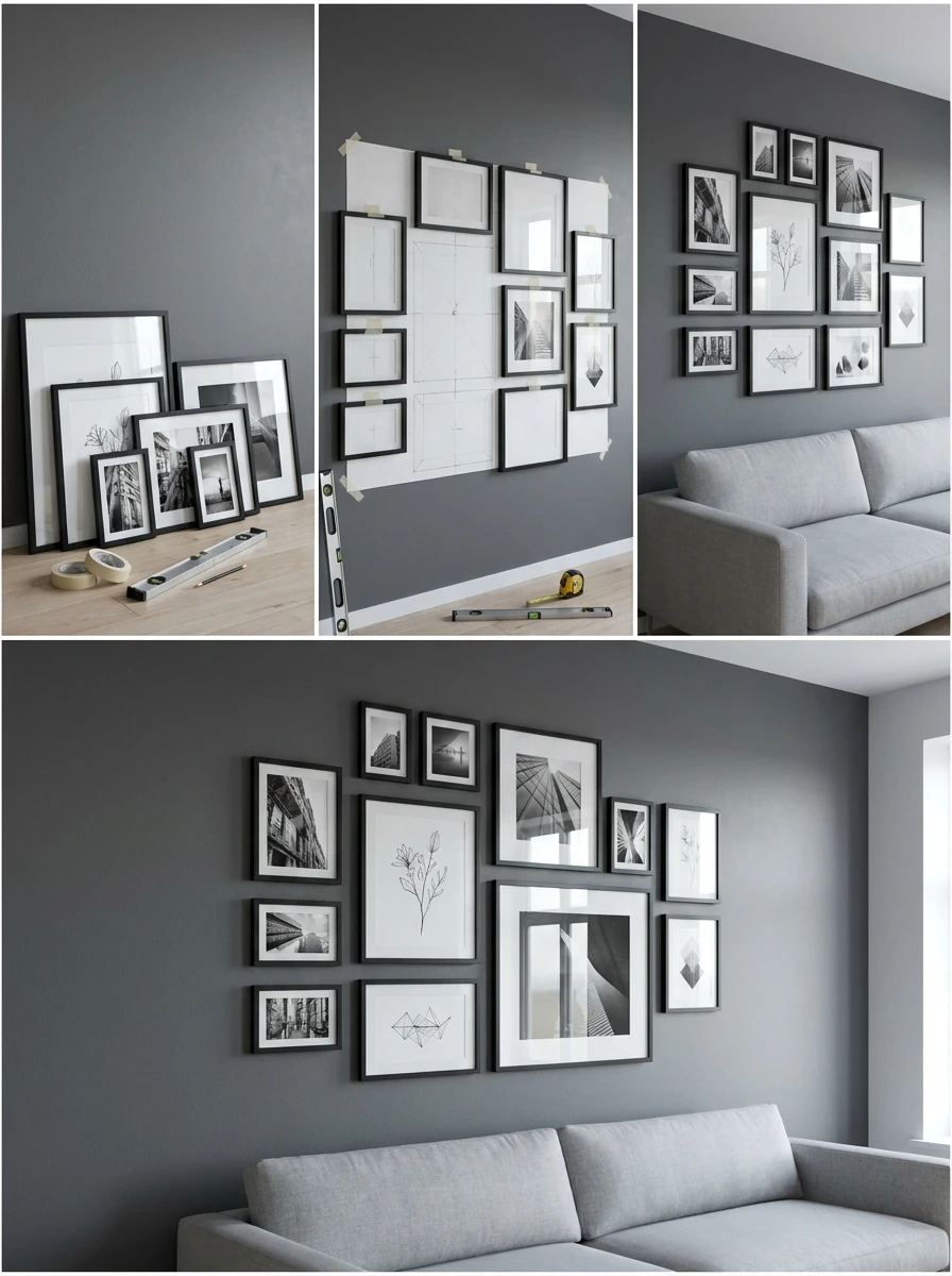 Créer un Gallery Wall en Cadres Noirs sur Mur Gris