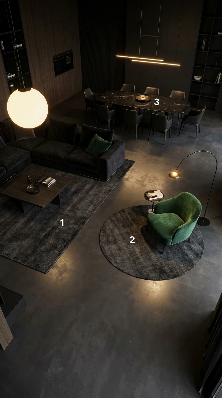 Créer un Salon Noir en Open Space avec des Zones Bien Définies
