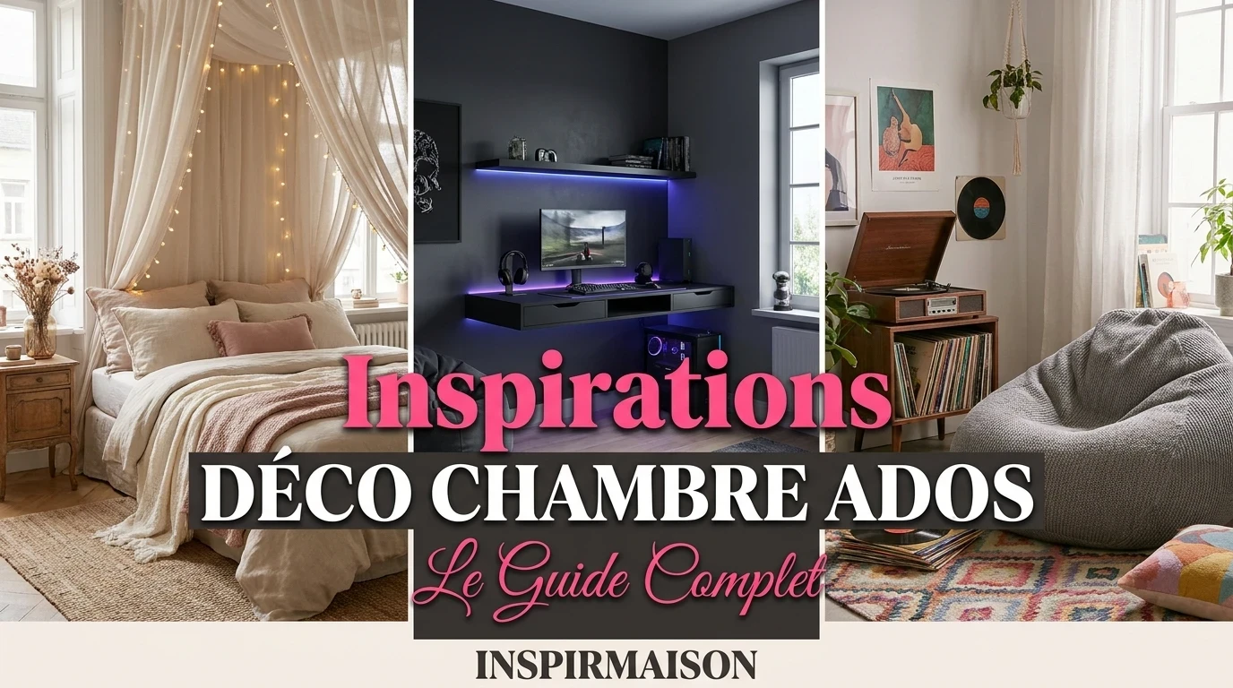 Collage d'inspirations déco pour chambres d'ados: bohème, gaming, et vintage.