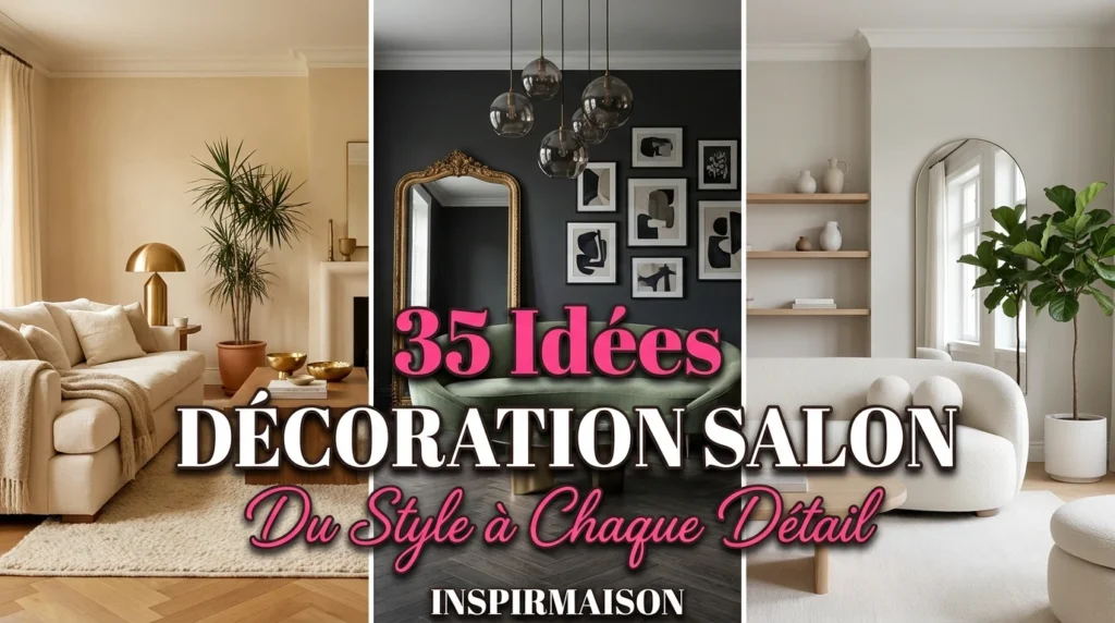 Collage de 35 idées décoration salon, styles variés et modernes.