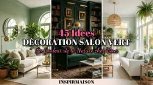 Collage de trois salons élégants décorés dans différentes nuances de vert avec des plantes.