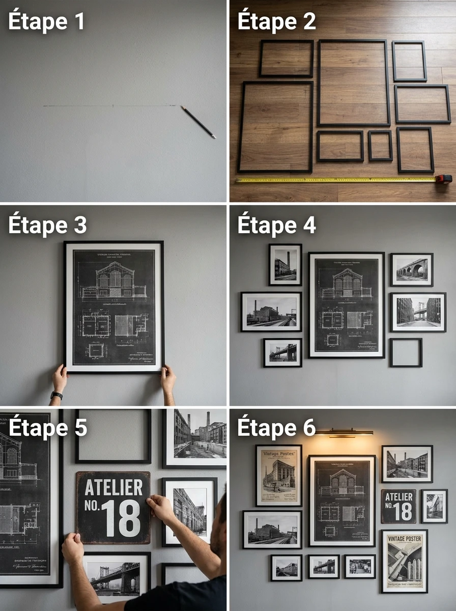 Des affiches vintage et photos noir et blanc encadrées en métal