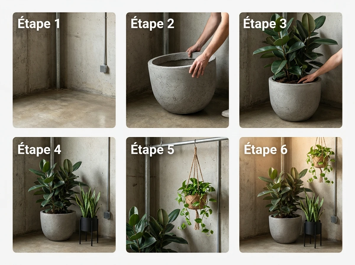 Des plantes vertes volumineuses en pots en ciment
