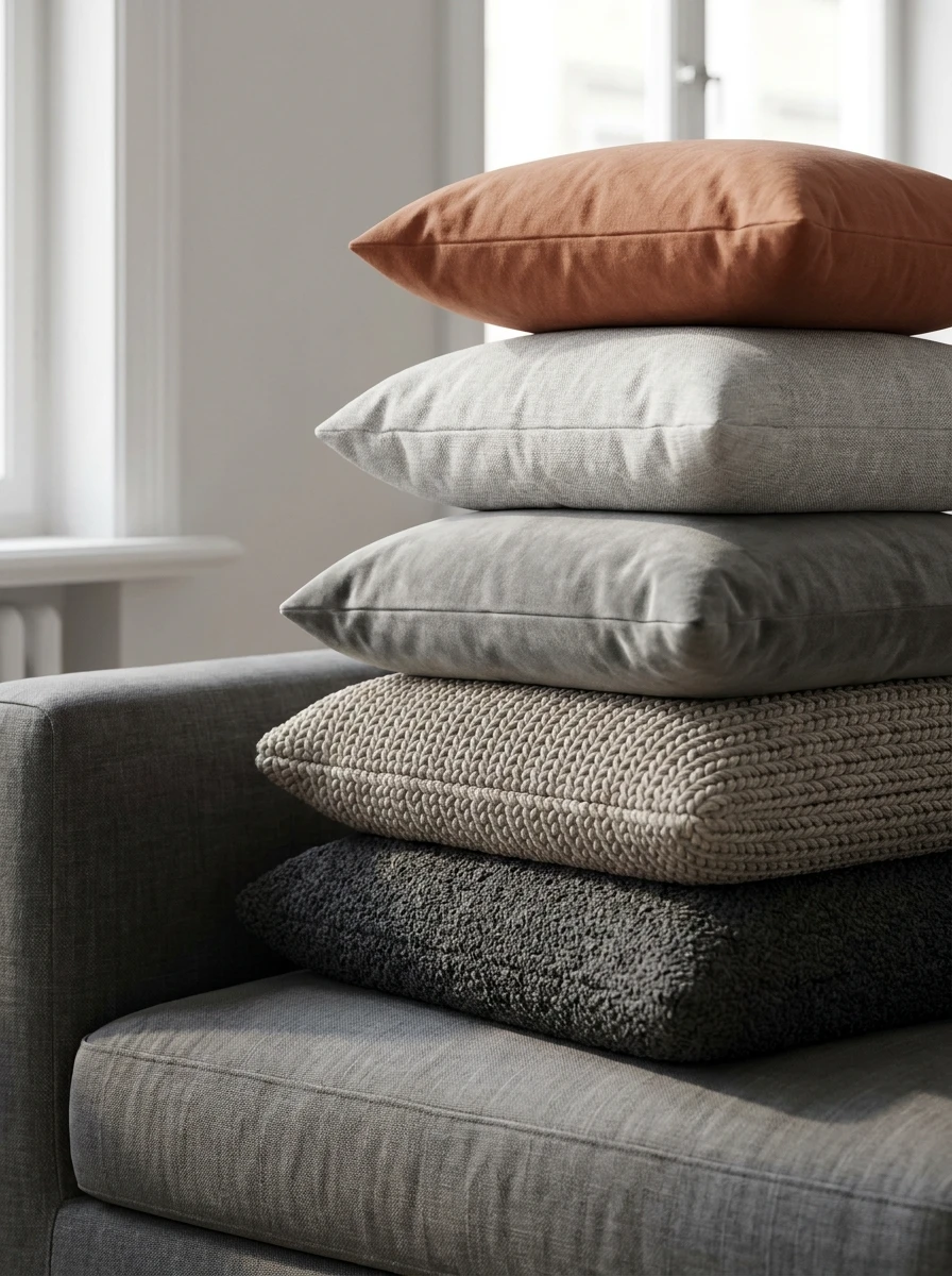Empiler les Coussins dans une Palette de Gris Harmonieux