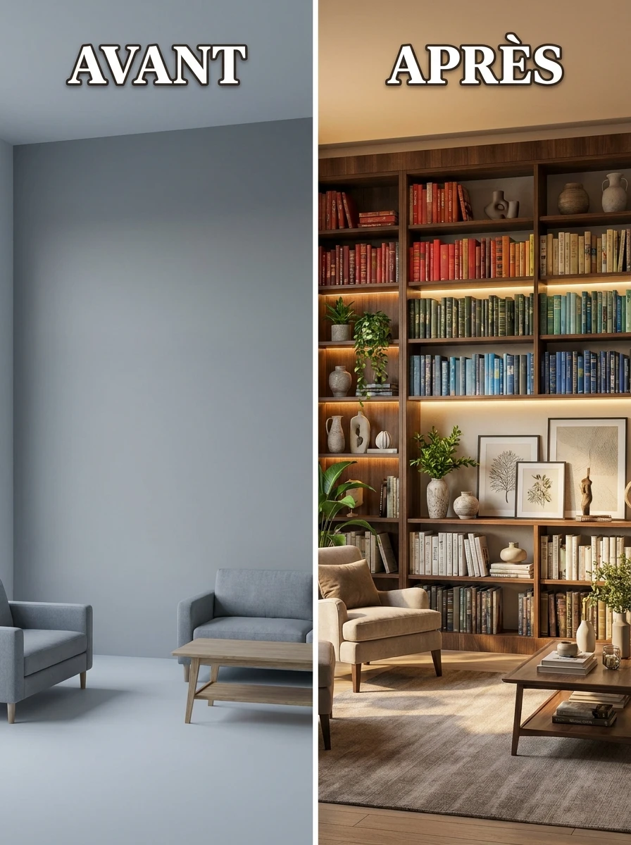 Installer une Bibliothèque Murale pour Habiller un Grand Mur Gris