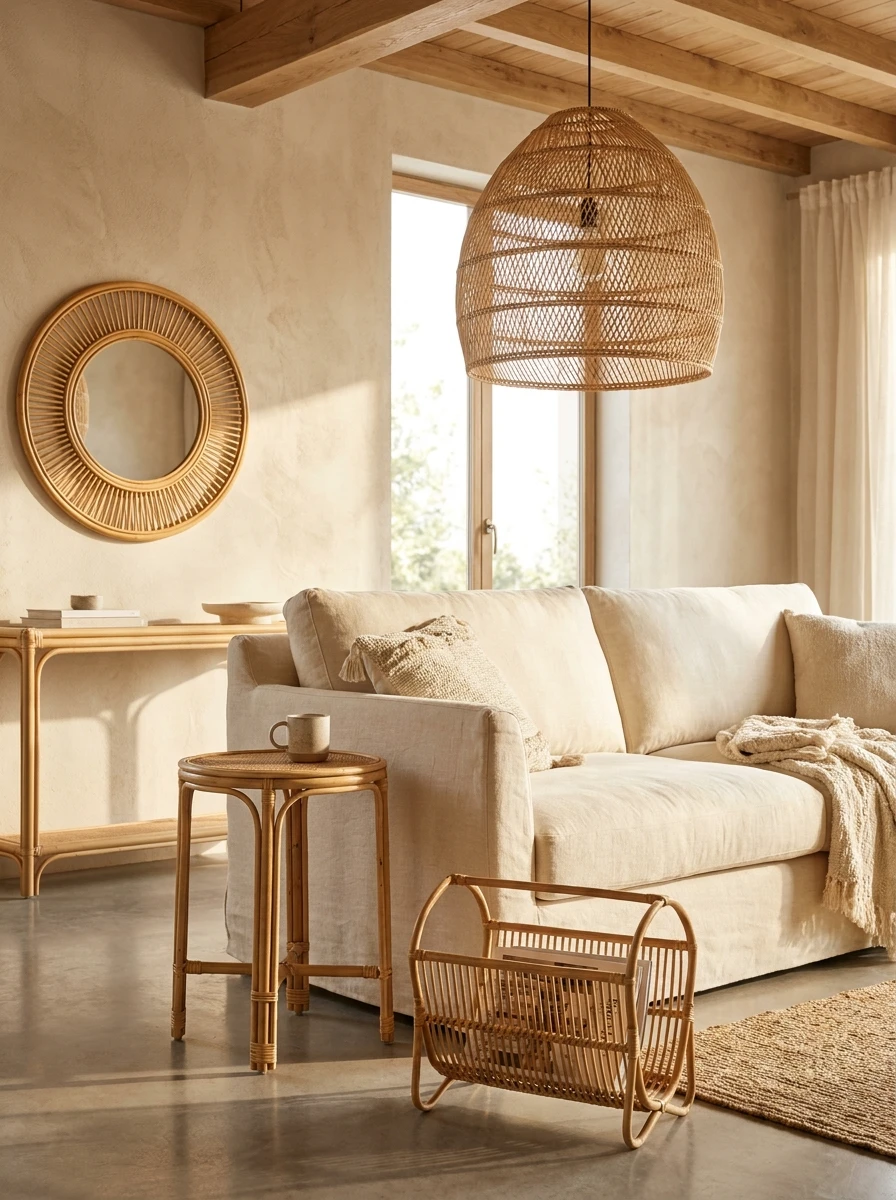 Intégrer du Rotin pour un Salon Beige Naturel et Bohème