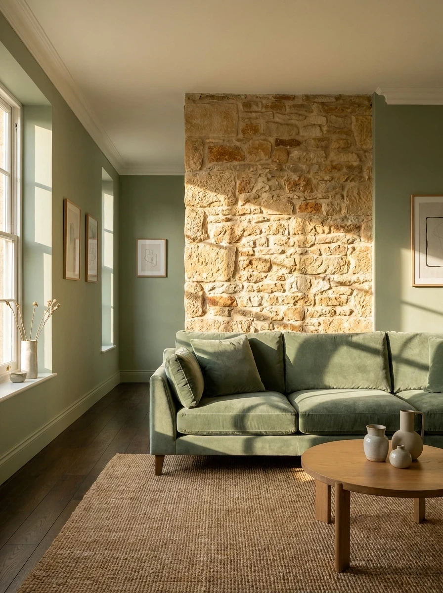 Intégrer un Mur en Pierre Naturelle dans un Salon Vert