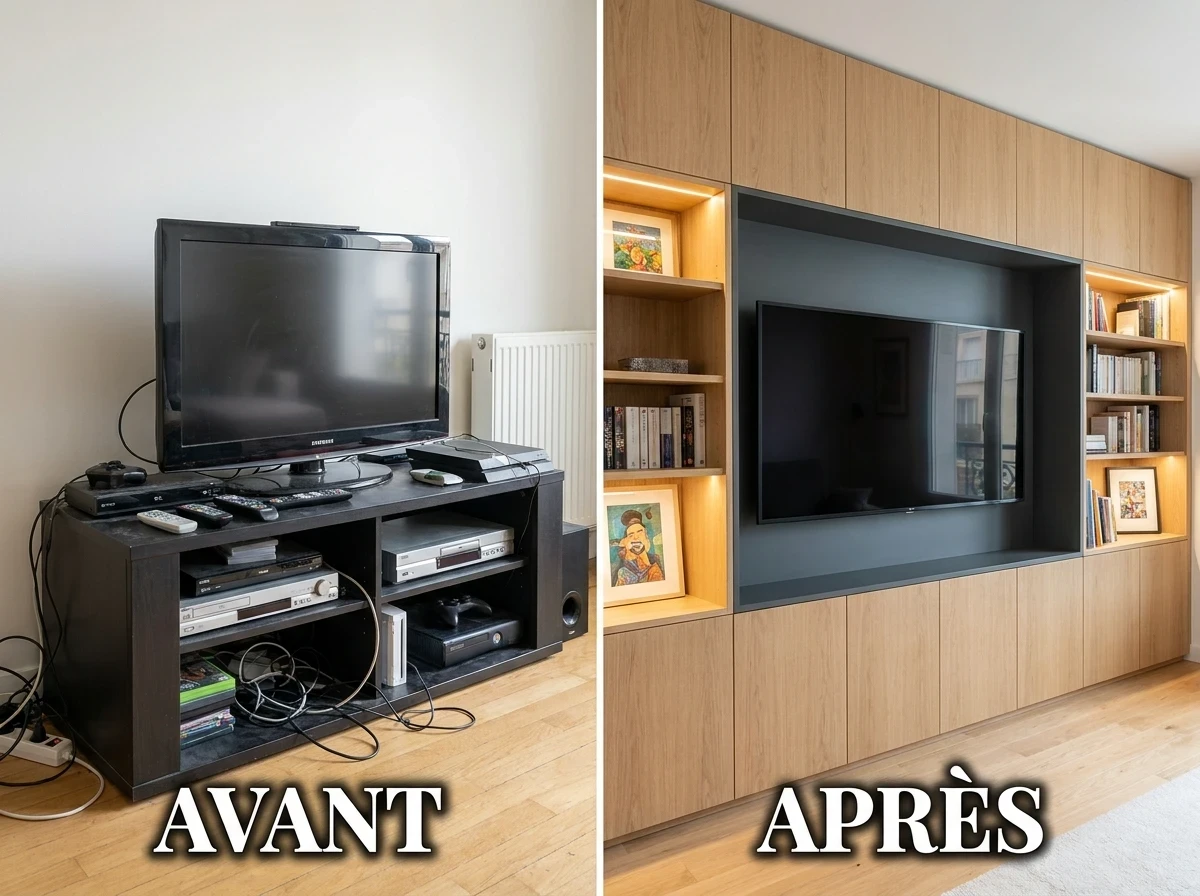 La bibliothèque ou le meuble TV intégré