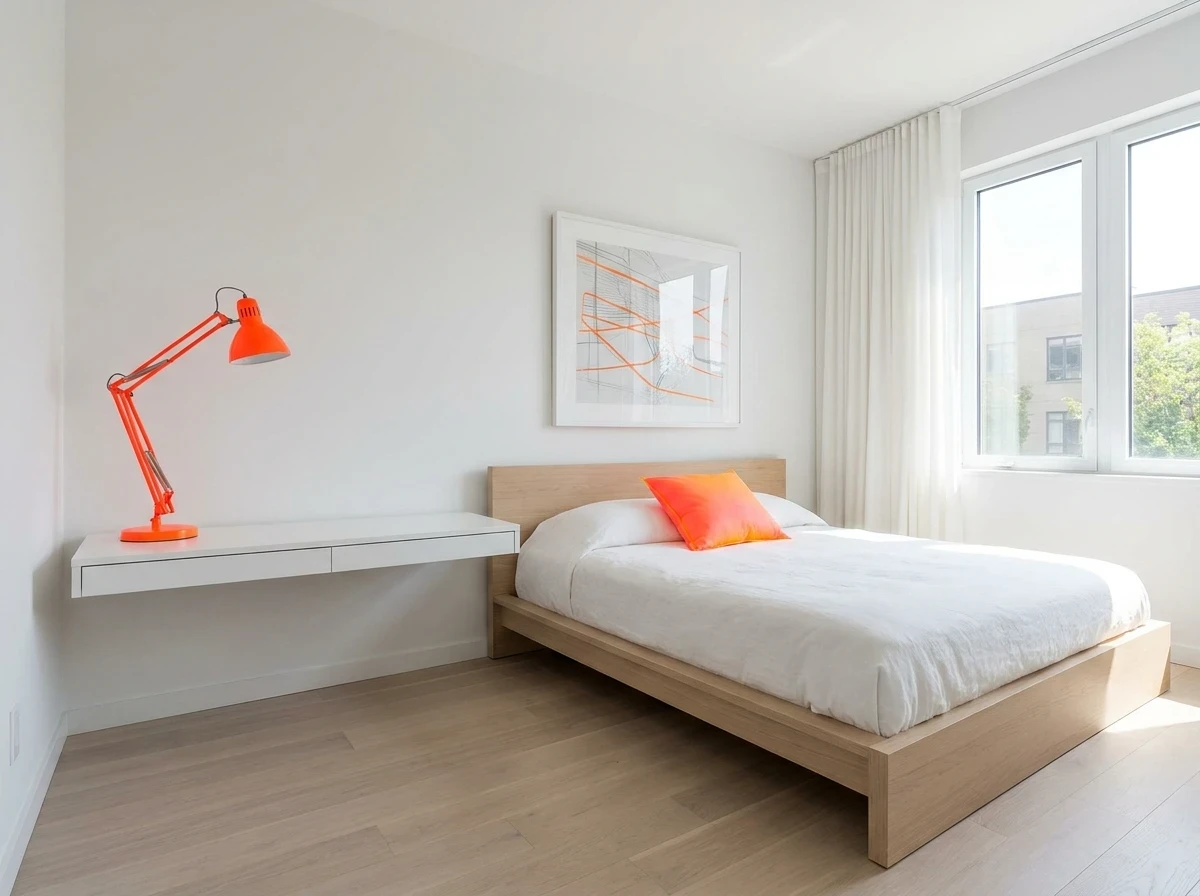 La chambre minimaliste scandinave avec une pop de couleur