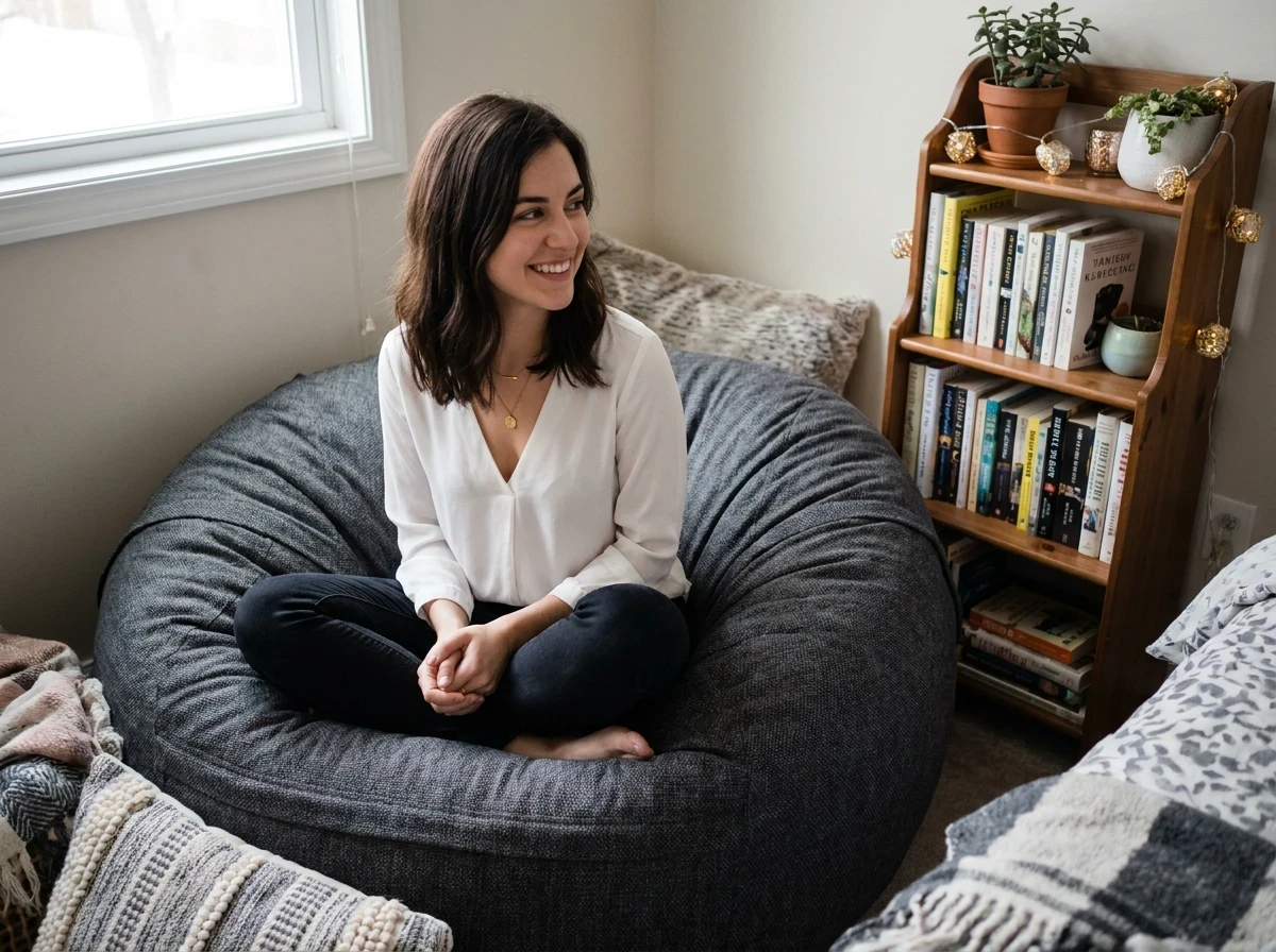 Le coin détente avec pouf XXL et petite bibliothèque