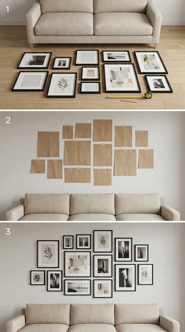 Le Gallery Wall Asymétrique derrière le Canapé