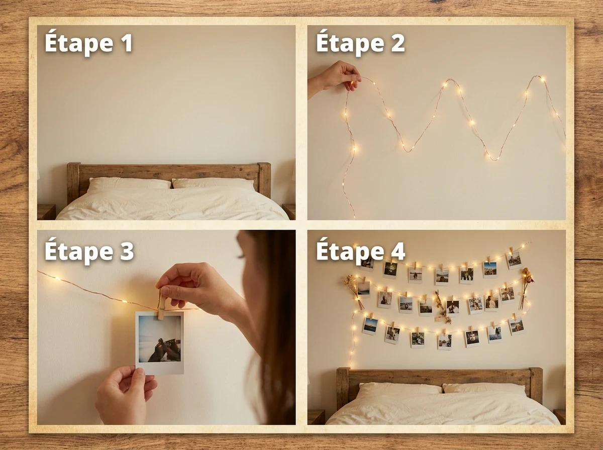 Le mur galerie avec photos Polaroid et string lights