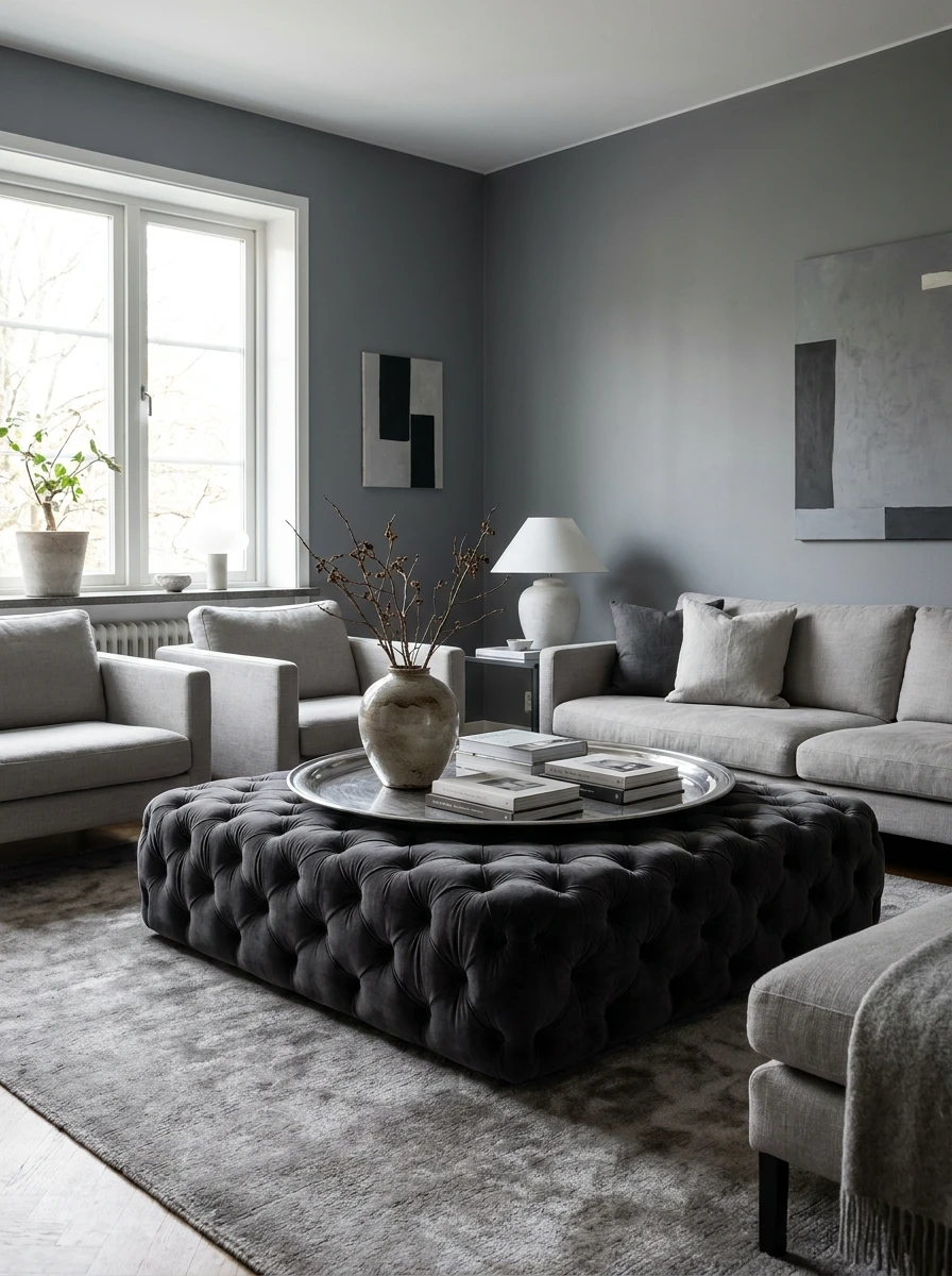 Le Pouf En Velours Gris Ou En Cuir Vintage