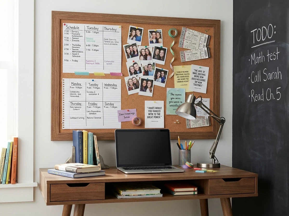 Le tableau liège ou ardoise au-dessus du bureau