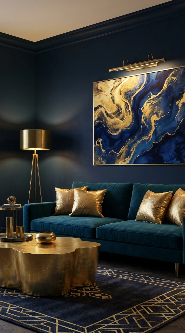 Marier le Bleu Nuit et l'Or pour le Salon Coloré Luxueux
