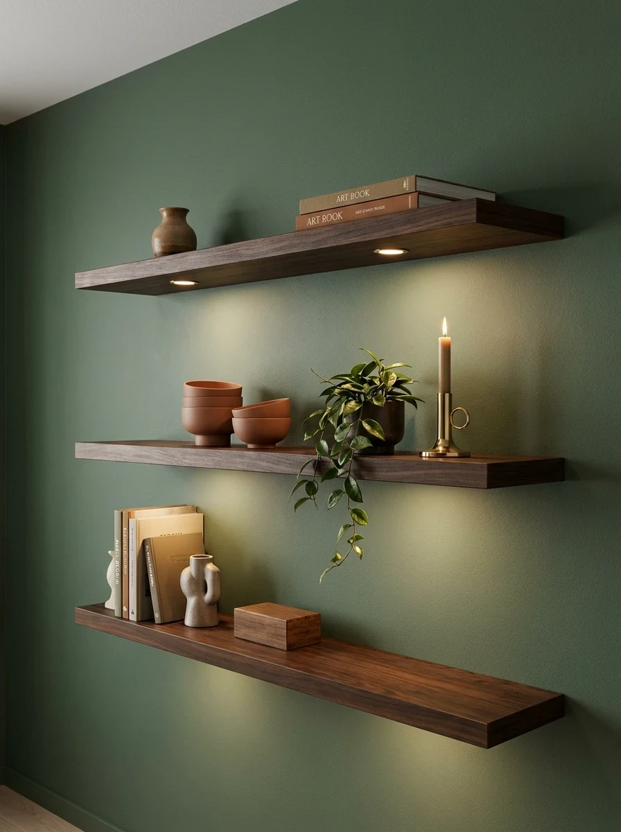 Poser des Étagères en Bois Sombre sur Fond de Mur Vert