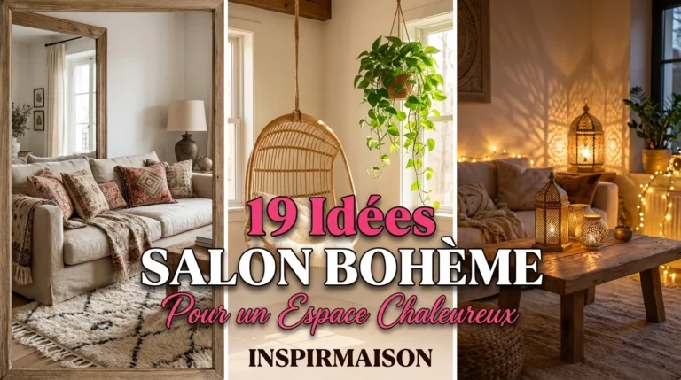 Trois salons bohèmes inspirants: canapé confortable, fauteuil suspendu, lumières chaleureuses.